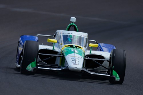 Caio Collet drives through the third turn during qualifications for the Indianapolis 500 auto race at the Indianapolis Motor Speedway in Indianapolis, Sunday, May 17, 2026. (AP Photo/Michael Conroy)