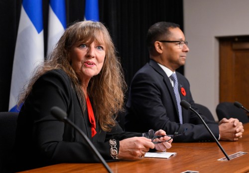 Lesley Hill, Quebec’s director of youth protection, speaks during a news conference alongside Quebec Social Services Minister Lionel Carmant at the national assembly in Quebec City on Thursday, Oct. 31, 2024. THE CANADIAN PRESS/Jacques Boissinot