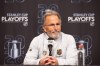 Vegas Golden Knights head coach John Tortorella speak at a press conference after Game 3 of the first round NHL hockey Stanley Cup playoff series against the Utah Mammoth, Friday, April 24, 2026, in Salt Lake City. (AP Photo/Melissa Majchrzak)