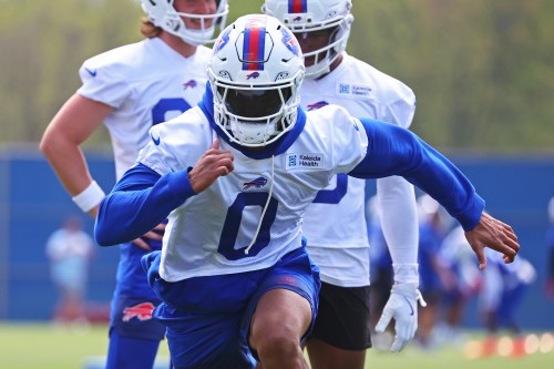 Buffalo Bills receiver Keon Coleman (0) runs a drill during NFL football practice in Orchard Park, N.Y., Tuesday May 19, 2026. (AP Photo/Jeffrey T. Barnes)