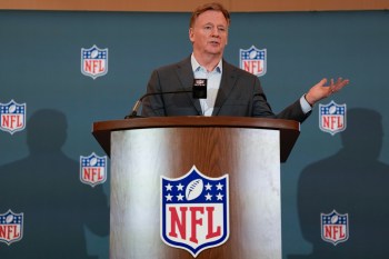 NFL commissioner Roger Goodell answers questions during a news conference at the football owners' meetings Tuesday, May 19, 2026, in Orlando, Fla. (AP Photo/John Raoux)