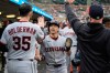 Cleveland Guardians' Steven Kwan celebrates scoring against the Detroit Tigers during the seventh inning of a baseball game Tuesday, May 19, 2026, in Detroit. (AP Photo/Paul Sancya)