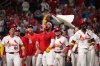 St. Louis Cardinals' Ivan Herrera celebrates after hitting a three-run walk-off home run to defeat the Pittsburgh Pirates in the 10th inning of a baseball game Tuesday, May 19, 2026, in St. Louis. (AP Photo/Jeff Roberson)