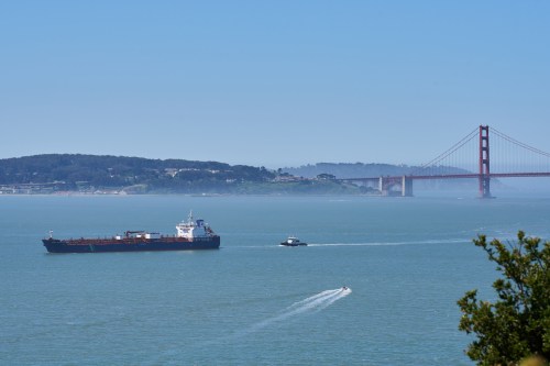 A tanker and other vessels pass through the San Francisco Bay, Tuesday, May 19, 2026. (AP Photo/Annika Hammerschlag)