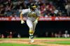 Athletics' Nick Kurtz runs after hitting an RBI single during the sixth inning of a baseball game against the Los Angeles Angels, Tuesday, May 19, 2026, in Anaheim, Calif. (AP Photo/William Liang)