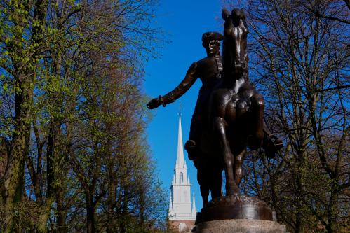 FILE - A statue of American patriot Paul Revere, famous for his 1775 ride to alert colonists of approaching British troops, stands near the Old North Church, Monday, April 20, 2026, in Boston. (AP Photo/Robert F. Bukaty, File)