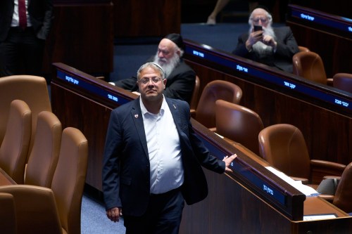 Israel's Minister of National Security, Itamar Ben-Gvir in the Israeli parliament, during a session considering a bill to dissolve the government in Jerusalem,Wednesday, May 20,2026. (AP Photo/Ohad Zwigenberg)