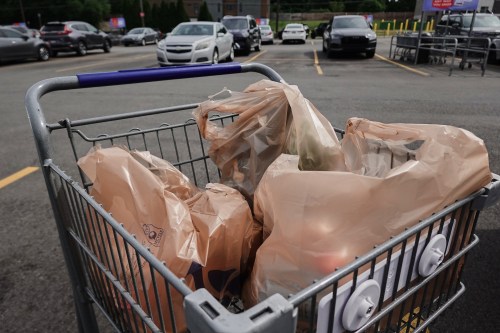 Plastic bags with groceries sit in a cart Monday, May 18, 2026, in Cincinnati. (AP Photo/Joshua A. Bickel)
