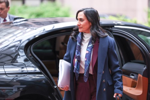 Foreign Minister Anita Anand arrives for a media conference at the European Council building in Brussels on Monday, May 11, 2026. (AP Photo/Omar Havana)