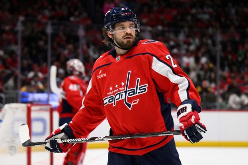 FILE - Washington Capitals defenseman Timothy Liljegren (27) looks on during a break in the second period of an NHL hockey game against the Boston Bruins, March 14, 2026, in Washington. (AP Photo/Nick Wass, File)