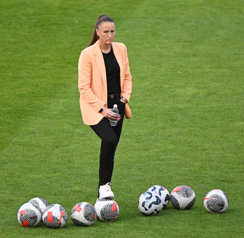 Canada head coach Casey Stoney looks on during the warm-up ahead of their international friendly soccer match against Haiti in Montreal on Tuesday, June 3, 2025. THE CANADIAN PRESS/Graham Hughes