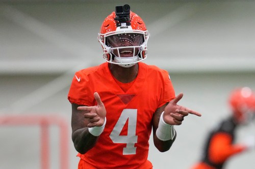 Cleveland Browns quarterback Deshaun Watson (4) gestures during an NFL football practice, Wednesday, May 20, 2026, in Berea, Ohio. (AP Photo/Sue Ogrocki)