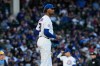 Chicago Cubs starting pitcher Edward Cabrera looks to the scoreboard during the third inning of a baseball game against the Milwaukee Brewers in Chicago, Wednesday, May 20, 2026. (AP Photo/Nam Y. Huh)