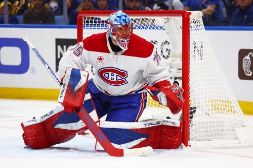Montreal Canadiens goaltender Jakub Dobes (75) looks on during the first period in Game 7 of a second-round NHL hockey Stanley Cup playoff series against the Buffalo Sabres Monday, May 18, 2026, in Buffalo, N.Y. (AP Photo/Jeffrey T. Barnes)