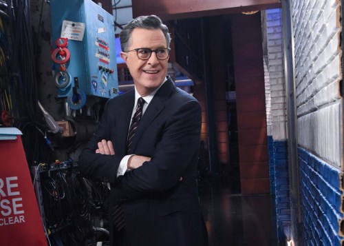 This image released by CBS shows host Stephen Colbert on the set of 