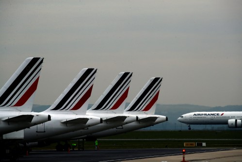 FILE - Air France planes are parked on the tarmac at Paris Charles de Gaulle airport, in Roissy, near Paris, May 17, 2019. (AP Photo/Christophe Ena, File)