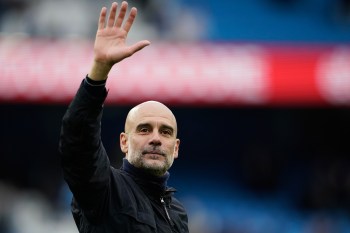 FILE - Manchester City's head coach Pep Guardiola greets fans at the end of the English Premier League soccer match between Manchester City and Brentford in Manchester, Saturday, May 9, 2026. (AP Photo/Dave Thompson, File)