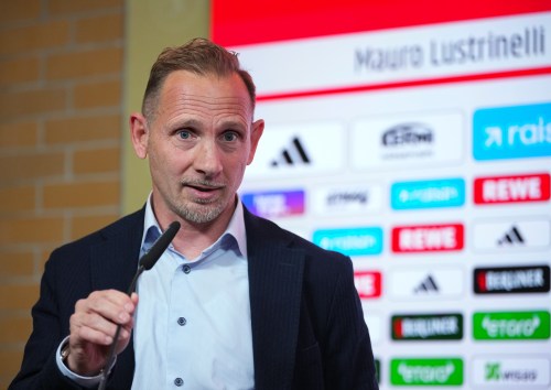 Mauro Lustrinelli speaks during his introduction as the new head coach of the German first division soccer team 1. FC Union Berlin in Berlin, Germany, Thursday, May 21, 2026. (Soeren Stache/dpa via AP)