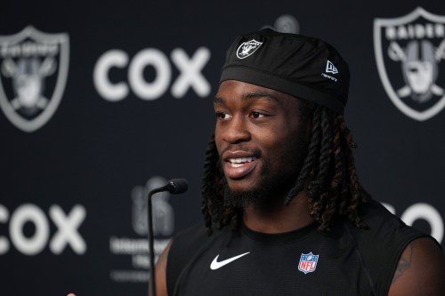 Las Vegas Raiders running back Ashton Jeanty (2) speaks to media during the NFL football team's practice Wednesday, May 20, 2026, in Henderson, Nev. (AP Photo/Lucas Peltier)