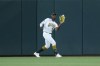 FILE - Athletics center fielder Denzel Clarke catches a fly ball for the out during the fifth inning of a baseball game against the Texas Rangers, April 13, 2026, in West Sacramento, Calif. (AP Photo/Scott Marshall, File)