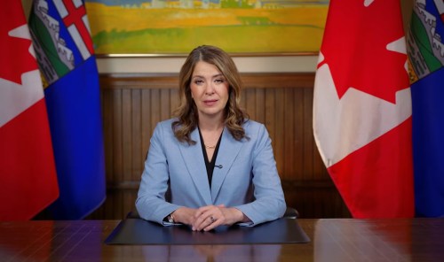 Alberta Premier Danielle Smith speaks in this photo taken from a televised address aired on Thursday, May 21, 2026 from a handout video posted on the Government of Alberta's YouTube channel. THE CANADIAN PRESS/Handout - YouTube, @YourAlberta, Government of Alberta (Mandatory Credit)