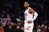 Cleveland Cavaliers' Donovan Mitchell reacts during the second half of Game 2 in the Eastern Conference finals NBA basketball playoffs series against the New York Knicks, Thursday, May 21, 2026, in New York. (AP Photo/Frank Franklin II)