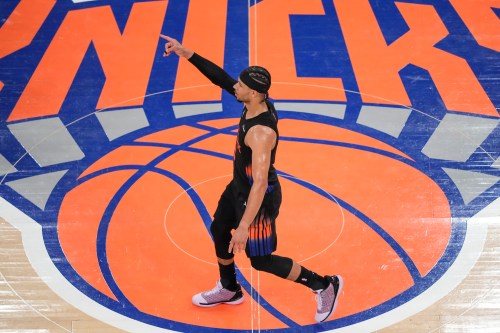 New York Knicks guard Josh Hart (3) reacts after scoring a three-point goal during the second half of Game 2 in the Eastern Conference finals NBA basketball playoffs series against the Cleveland Cavaliers, Thursday, May 21, 2026, in New York. (AP Photo/Yuki Iwamura)