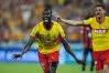 Lens' Abdallah Sima celebrates after scoring during the French Cup soccer final between Nice and Lens in Saint-Denis, outside Paris, Friday, May 22, 2026. (AP Photo/Thibault Camus)