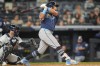 Tampa Bay Rays' Jonathan Aranda, right, hits an RBI double during the eighth inning of a baseball game against the New York Yankees, Friday, May 22, 2026, in New York. (AP Photo/Yuki Iwamura)