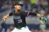 Miami Marlins starting pitcher Eury Pérez throws during the first inning of a baseball game against the New York Mets, Friday, May 22, 2026, in Miami. (AP Photo/Lynne Sladky)