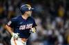 San Diego Padres' Ramón Laureano watches his home run during the seventh inning of a baseball game against the Athletics, Friday, May 22, 2026, in San Diego. (AP Photo/William Liang)