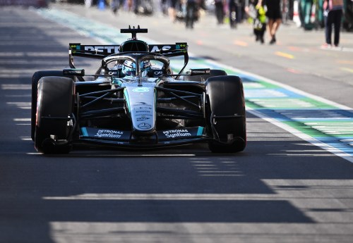 Mercedes driver George Russell of the United Kingdom drives down the pit lane after taking pole following the sprint qualifying session at the Formula One auto racing Canadian Grand Prix in Montreal on Friday, May 22, 2026. THE CANADIAN PRESS/Graham Hughes
