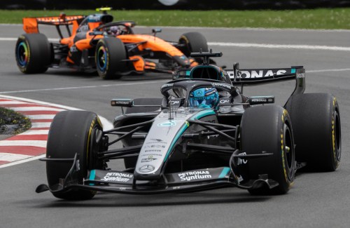 Mercedes driver George Russell, of the United Kingdom, leads McLaren driver Lando Norris, also of the United Kingdom, as they drive during the sprint race at the Formula One auto racing Canadian Grand Prix in Montreal on Saturday, May 23, 2026. THE CANADIAN PRESS/Peter McCabe