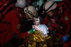 Red Cross volunteers help an injured woman in a shelter after a Russian strike on residential neighbourhood in Kyiv, Ukraine, on Sunday, May 24, 2026. (AP Photo/Evgeniy Maloletka)