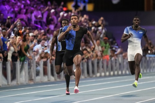 Fred Kerley, of the United States, competes in the men's 100-meter final at the Enhanced Games in Las Vegas, Sunday, May 24, 2026. (AP Photo/Jae C. Hong)