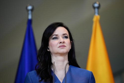FILE - Lithuania's Prime Minister Inga Ruginiene attends a joint press conference with German Chancellor Friedrich Merz, after their meeting at the chancellery in Berlin, Germany, Thursday, Jan. 29, 2026. (AP Photo/Ebrahim Noroozi, file)