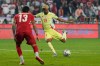 FILE - Spain's Lamine Yamal attempts a shot on goal during a World Cup qualifying round Group E soccer match between Turkey and Spain at Konya Buyuksehir stadium, in Konya, Turkey, Sunday, Sept. 7, 2025. (AP Photo/Khalil Hamra, File)