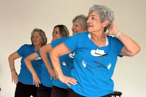 Gail Kowalski, from left, Suzy Rhoades, Carol Ross and Cindy Soffrin, of The Rodeo City Wreckettes, a tap and jazz dance group for older women, practice on Thursday, April 16, 2026, in Tucson, Ariz. (Anita Snow via AP)