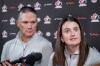 Canada’s National Women’s Team general manager Gina Kingsbury, right, speaks to the media as head coach Troy Ryan looks on at Hockey Canada’s National Teams orientation camp in Calgary, Thursday, Aug. 28, 2025. THE CANADIAN PRESS/Jeff McIntosh