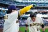 Milwaukee Brewers' Garrett Mitchell, left, douses Christian Yelich (22) after winning against the St. Louis Cardinals in a baseball game Wednesday, May 27, 2026, in Milwaukee. (AP Photo/Kayla Wolf)