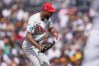 Philadelphia Phillies starting pitcher Cristopher Sánchez celebrates after the last out of the seventh inning of a baseball game against the San Diego Padres Wednesday, May 27, 2026, in San Diego. (AP Photo/Gregory Bull)