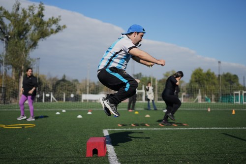 Ramito Fardelli exercises at a nonprofit center that supports people with disabilities, in Moreno on the outskirts of Buenos Aires, Argentina, Tuesday, May 5, 2026. (AP Photo/Natacha Pisarenko)