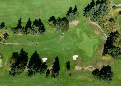 Golfers walk on the first hole at Country Meadows Golf Course, which falls within the boundaries of a Cowichan Nation Aboriginal title claim, in an aerial view in Richmond, B.C., on Friday, August 22, 2025. THE CANADIAN PRESS/Darryl Dyck