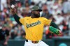 Athletics pitcher Luis Severino throws to the San Francisco Giants during the fourth inning of a baseball game Saturday, May 16, 2026, in West Sacramento, Calif. (AP Photo/Sara Nevis)