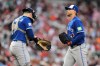 Toronto Blue Jays pitcher Austin Voth, right, talks with catcher Brandon Valenzuela, left, during a mound visit in the third inning of a baseball game against the Baltimore Orioles, Friday, May 29, 2026, in Baltimore. (AP Photo/Stephanie Scarbrough)