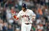Houston Astros' Jeremy Pena points to the dugout after hitting a two-run home run off Milwaukee Brewers starting pitcher Brandon Sproat during the second inning of a baseball game, Saturday, May 30, 2026, in Houston. (AP Photo/Karen Warren)