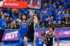 San Antonio Spurs center Luke Kornet (7) blocks a shot by Oklahoma City Thunder center Isaiah Hartenstein (55) in the second half of Game 7 of the Western Conference finals of the NBA basketball playoffs series Saturday, May 30, 2026, in Oklahoma City. (AP Photo/Nate Billings)