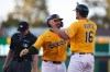 Athletics' Shea Langeliers, second from right, celebrates with teammate Nick Kurtz (16) after hitting a two-run home run during the first inning of a baseball game against the New York Yankees, Saturday, May 30, 2026, in West Sacramento, Calif. (AP Photo/Scott Marshall)