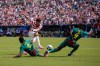 United States forward Ricardo Pepi, top left, has a shot blocked by Senegal defender Abdoulaye Seck (4) during the first half of an international friendly soccer match Sunday, May 31, 2026, in Charlotte, N.C. (AP Photo/Scott Kinser)
