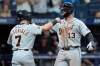 Detroit Tigers' Dillon Dingler (13) celebrates with Kevin McGonigle (7) after Dingler hit a two-run home run off Tampa Bay Rays pitcher Griffin Jax during the third inning of a baseball game Monday, June 1, 2026, in St. Petersburg, Fla. (AP Photo/Chris O'Meara)